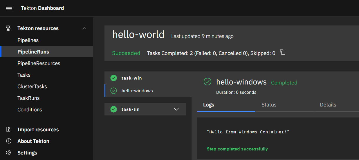 Overview of a successful pipeline in the Tekton dashboard